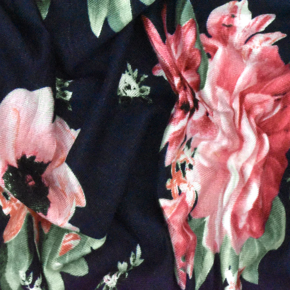 Deep Navy-Pink-Multi Floral Printed Rayon Stretch Jersey Knit Fabric - Image 3