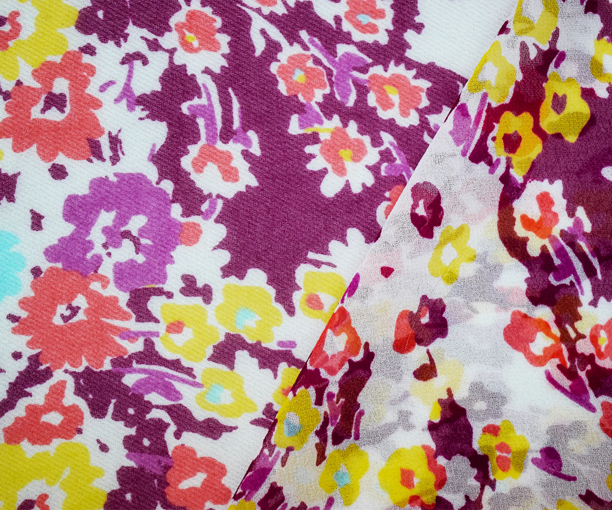 Deep Purple-Orange-Multi Poly Floral Printed Chiffon Woven Fabric - Image 3
