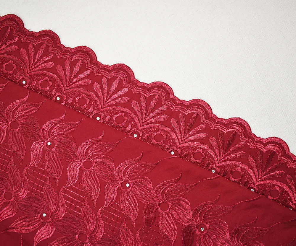 Deep Red Poly-Cotton Embroidered Floral Scallop Rhinestone Woven Fabric - Image 2