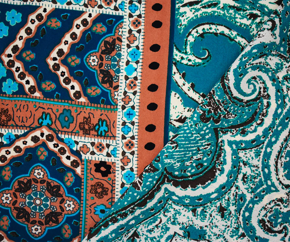 Deep Teal-Apricot Multi Poly Moroccan Border Printed Momie Georgette Fabric - Image 3