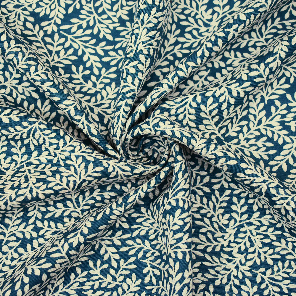 Deep Teal-Beige Leaf Vines Printed Rayon Challis Woven Fabric