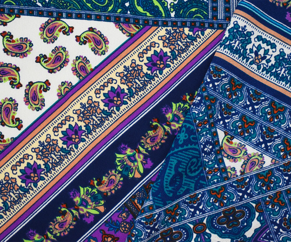Deep Teal-Blue-Multi Paisley Bandana Printed Momie Georgette Woven Fabric - Image 2