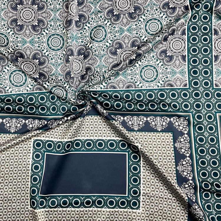 Deep Teal-Multi Poly Bandana PANEL Medallion Print Charmeuse Woven Fabric
