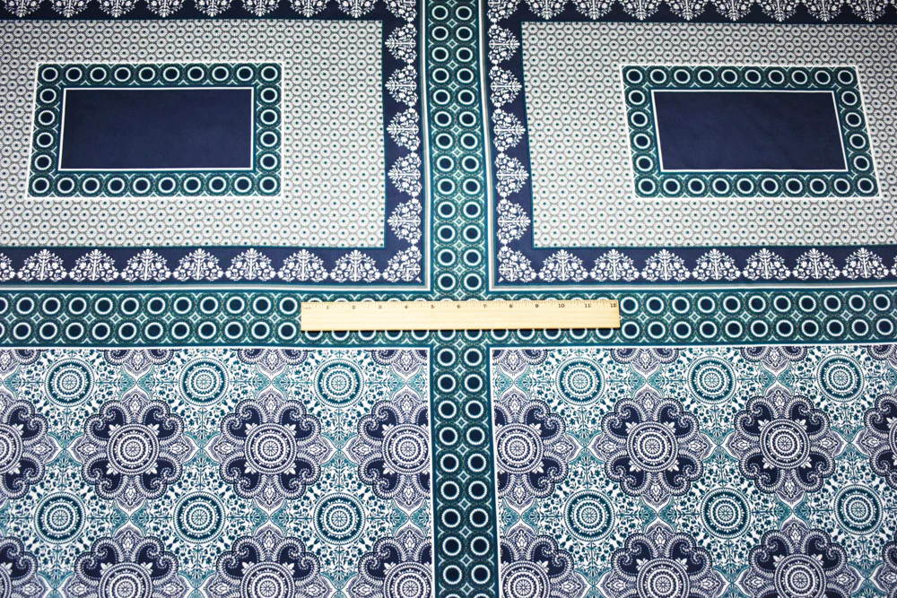 Deep Teal-Multi Poly Bandana PANEL Medallion Print Charmeuse Woven Fabric - Image 4