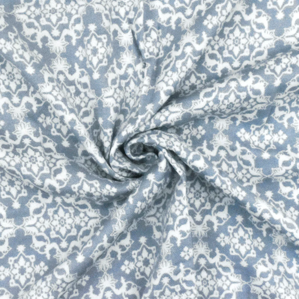 Dusty Blue- Ivory Moroccan Printed Stretch Rayon Momie Woven Fabric - Image 2