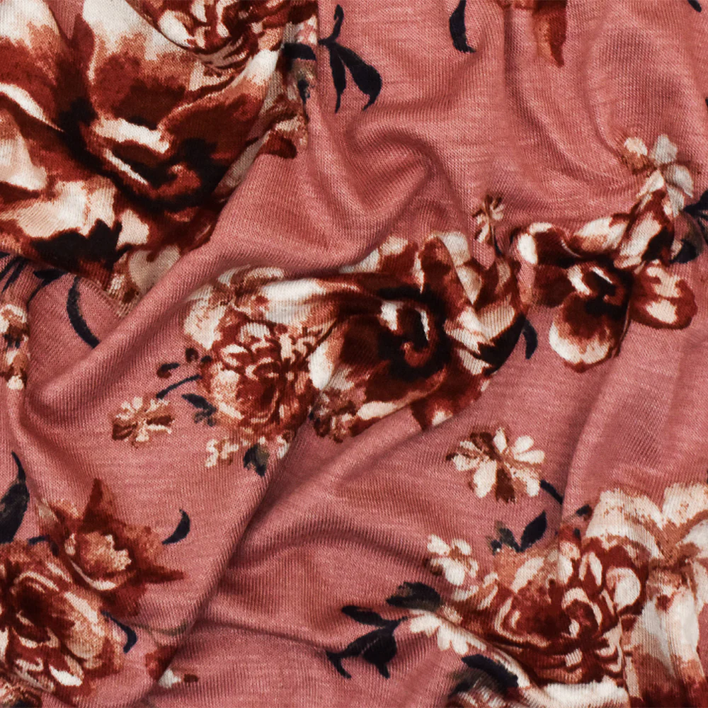 Dusty Pink-Red-Multi Floral Printed Stretch Rayon Jersey Knit Fabric - Image 2