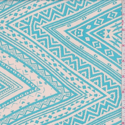 Ecru/Turquoise Aztec Zig Zag Georgette Fabric