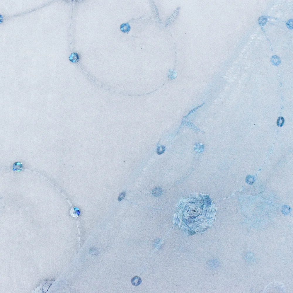 Fairy Blue-Blue Floral Embroidered Sequin Nylon Organza Woven Fabric - Image 3