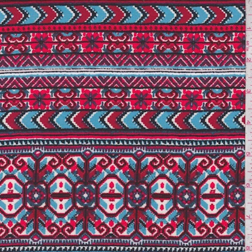 Fire Red/Sky Blue Deco Stripe Rayon Challis Fabric