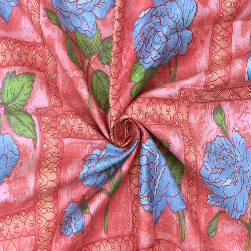 Flower Pink-Blue-Multi Floral Frame Printed Cotton Sateen Fabric - Image 3
