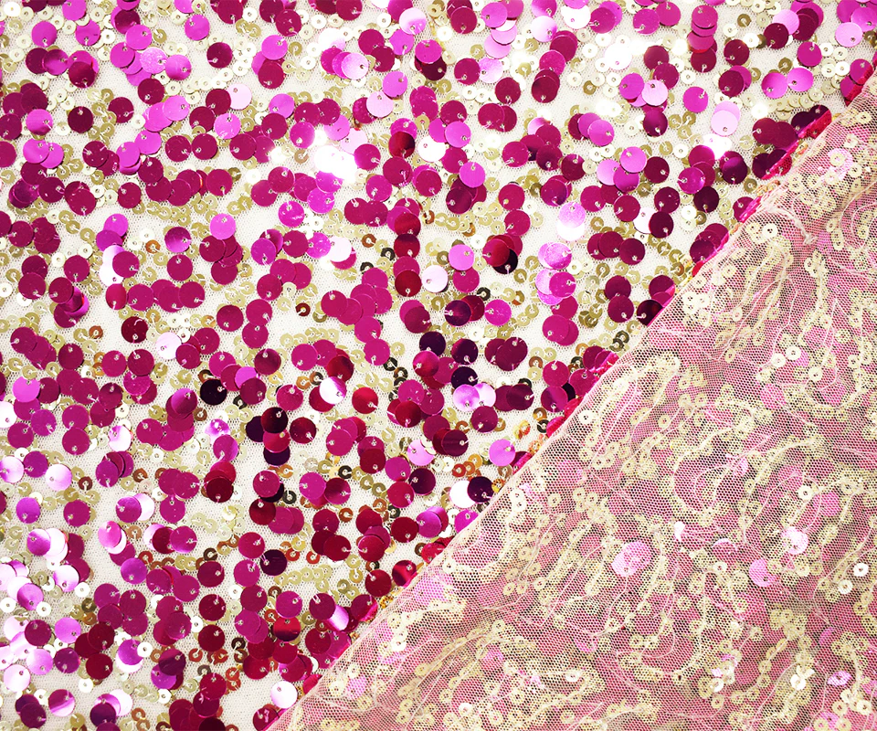 Fuchsia Pink-Gold-Beige Nylon Sequined Mesh Tulle Fabric - Image 2