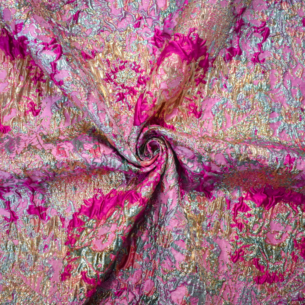 Fuchsia Pink-Gold Poly Blend Abstract Matelasse Jacquard Brocade Woven Fabric