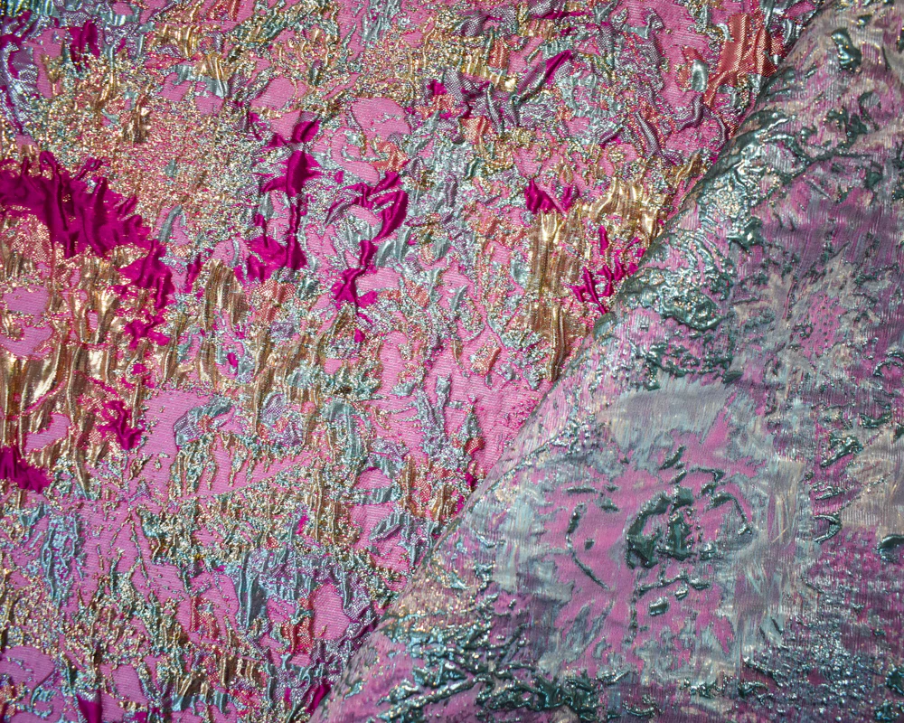 Fuchsia Pink-Gold Poly Blend Abstract Matelasse Jacquard Brocade Woven Fabric - Image 2