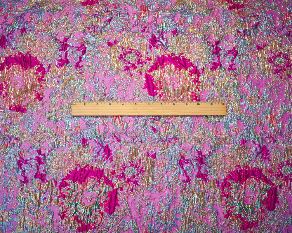 Fuchsia Pink-Gold Poly Blend Abstract Matelasse Jacquard Brocade Woven Fabric - Image 5