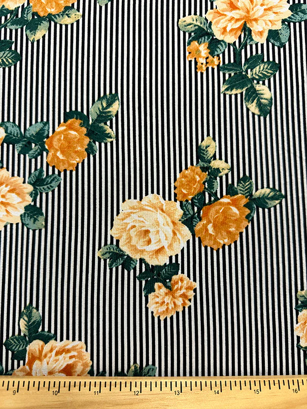 Gold Floral Black Stripe Print Double Brushed Jersey Knit Fabric - Image 2