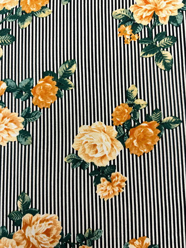 Gold Floral Black Stripe Print Double Brushed Jersey Knit Fabric - Image 3