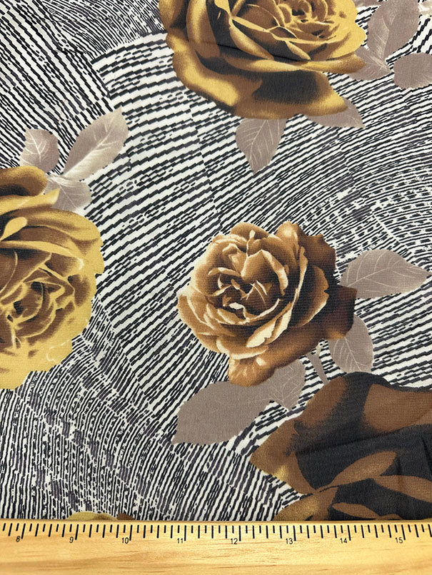 Gold Rose Floral Print Poly Chiffon Fabric - Image 3