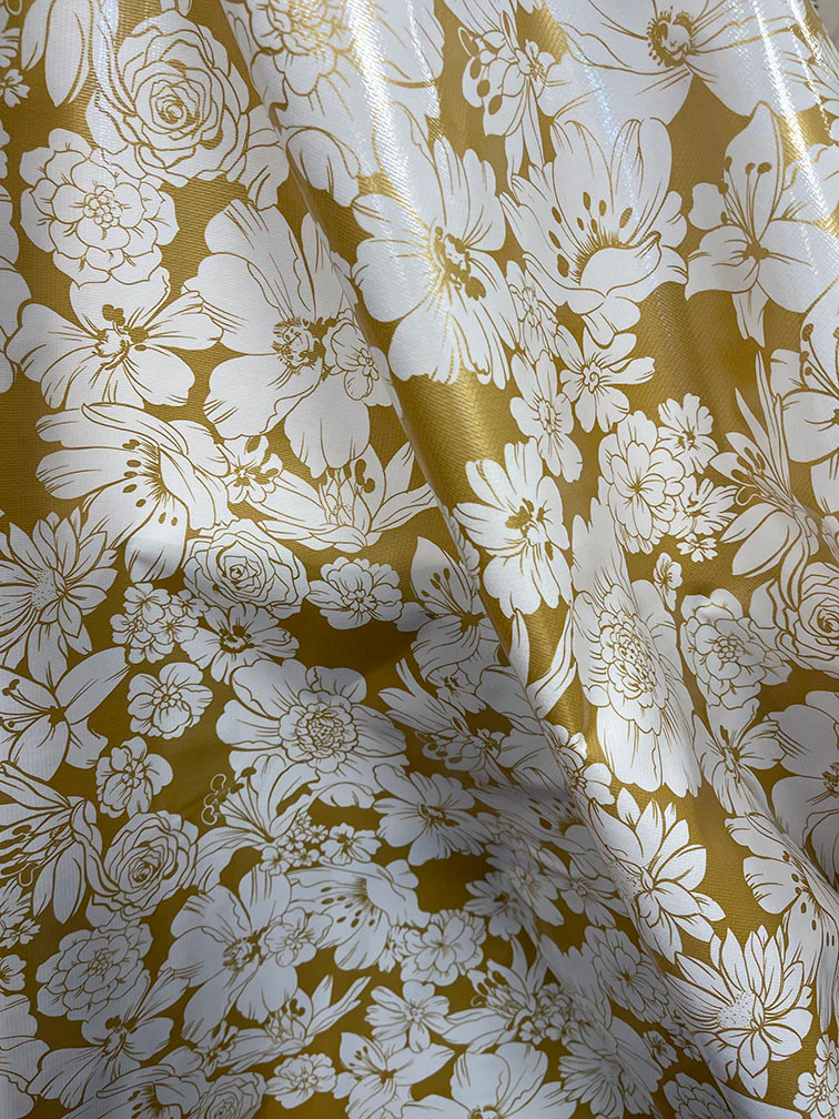 Gold White Floral Oilcloth Fabric - Reorderable - Image 3