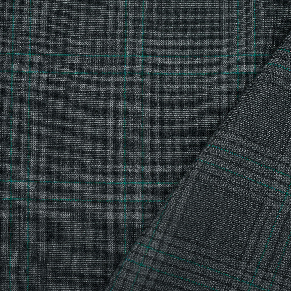 Gray-Black-Green Polyester Wool Blend Plaid Woven Shirting Fabric