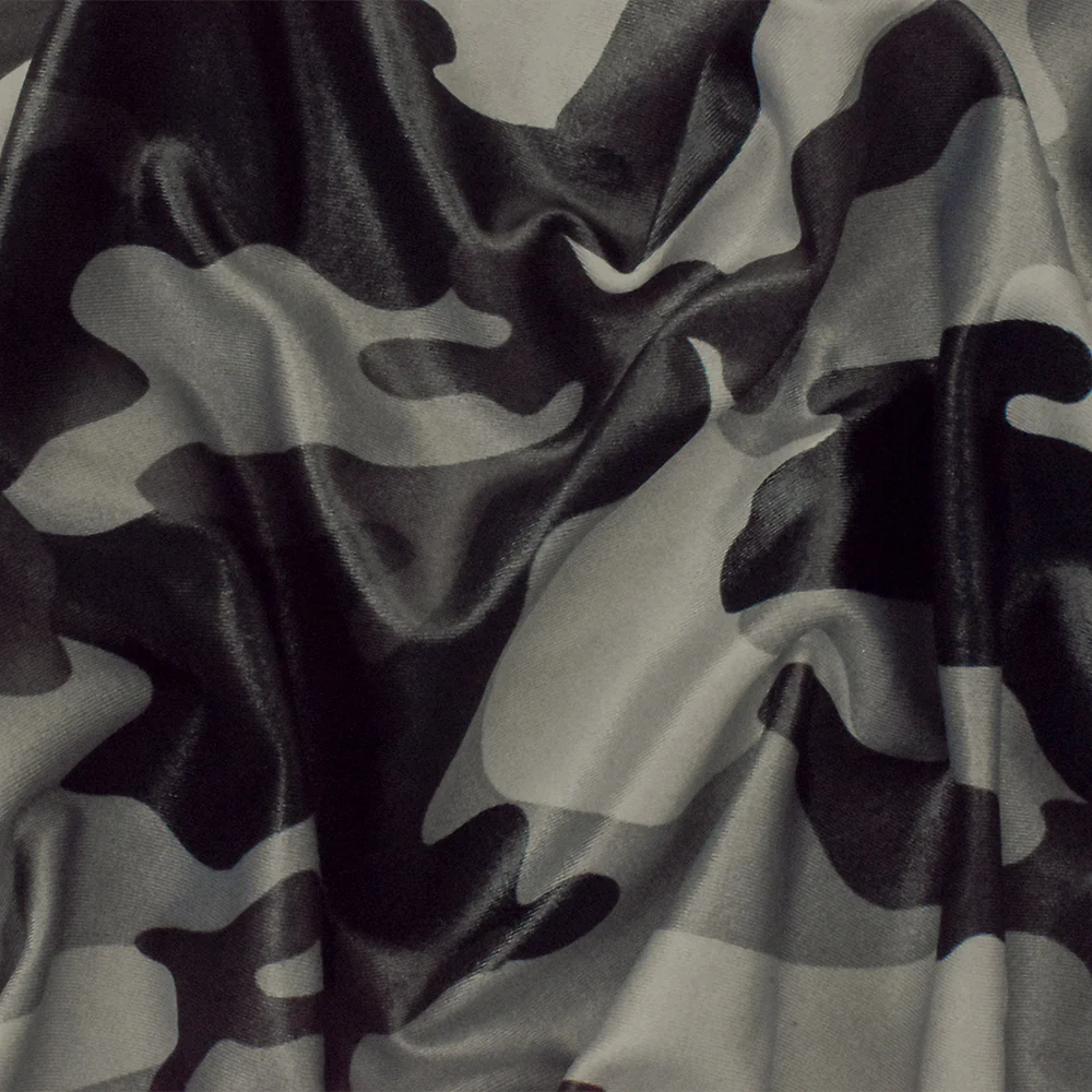 Gray-Black-Multi Famous Maker Camo Print Nylon Tricot Swimwear Knit Fabric