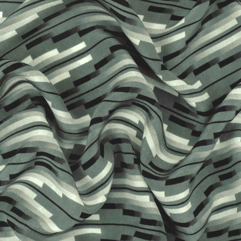 Gray-Multi Famous Designer Pixel Chevron Printed Silk Crepe De Chine Fabric - Image 3