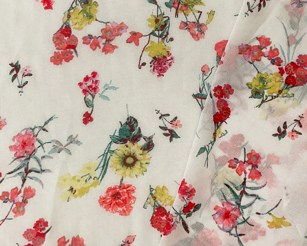 Gray-Red-Multi Poly Floral Printed Dobby Chiffon Woven Fabric - Image 2
