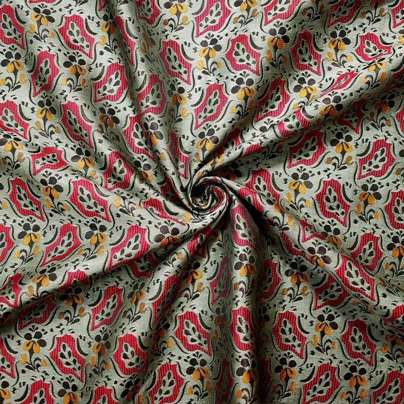 Gray-Red-Multi Polyester Abstract Floral Jacquard Woven Fabric
