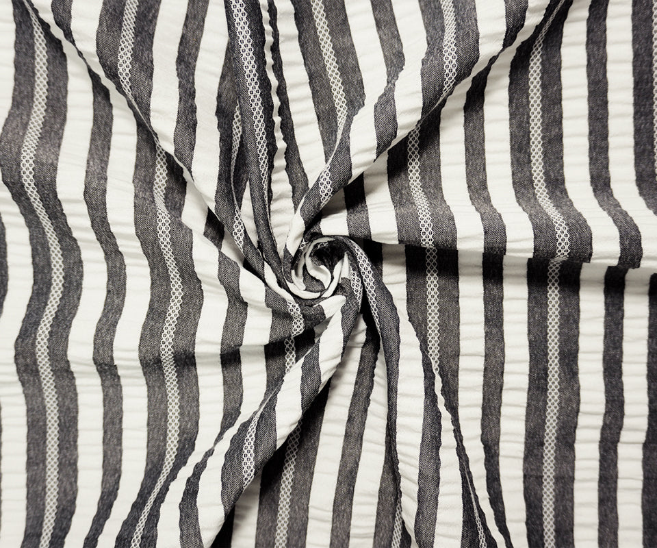 Gray-White Famous Maker Poly Stripe Crinkled Dobby Woven Fabric - Image 3