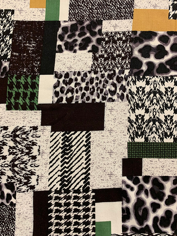 Green and Gold Patchwork Print Rayon Challis Fabric - Image 2