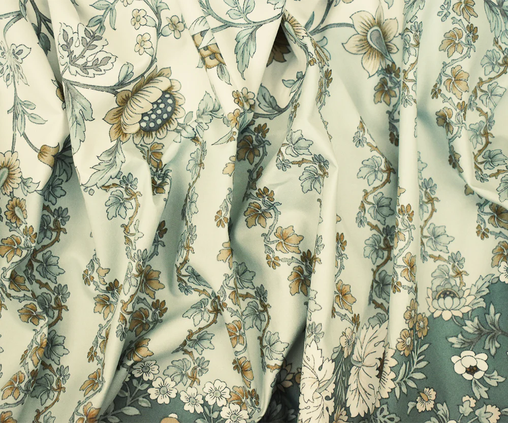 Green-Beige-Multi Floral Border Printed Cotton Sateen Woven Fabric - Image 2