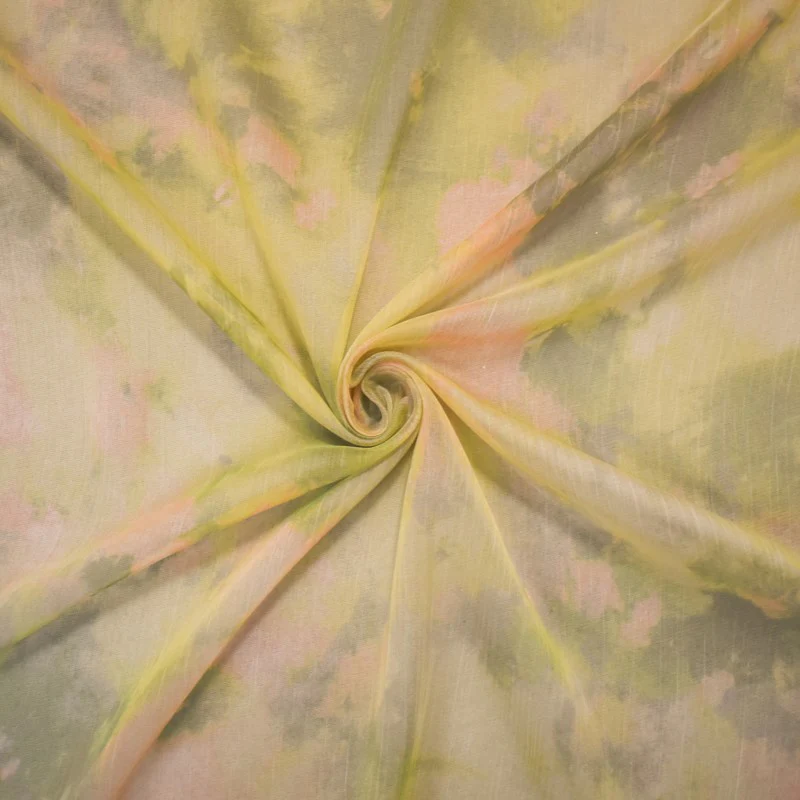 Green-Beige Poly Tie Dye Printed Crinkle Yoryu Chiffon Woven Fabric