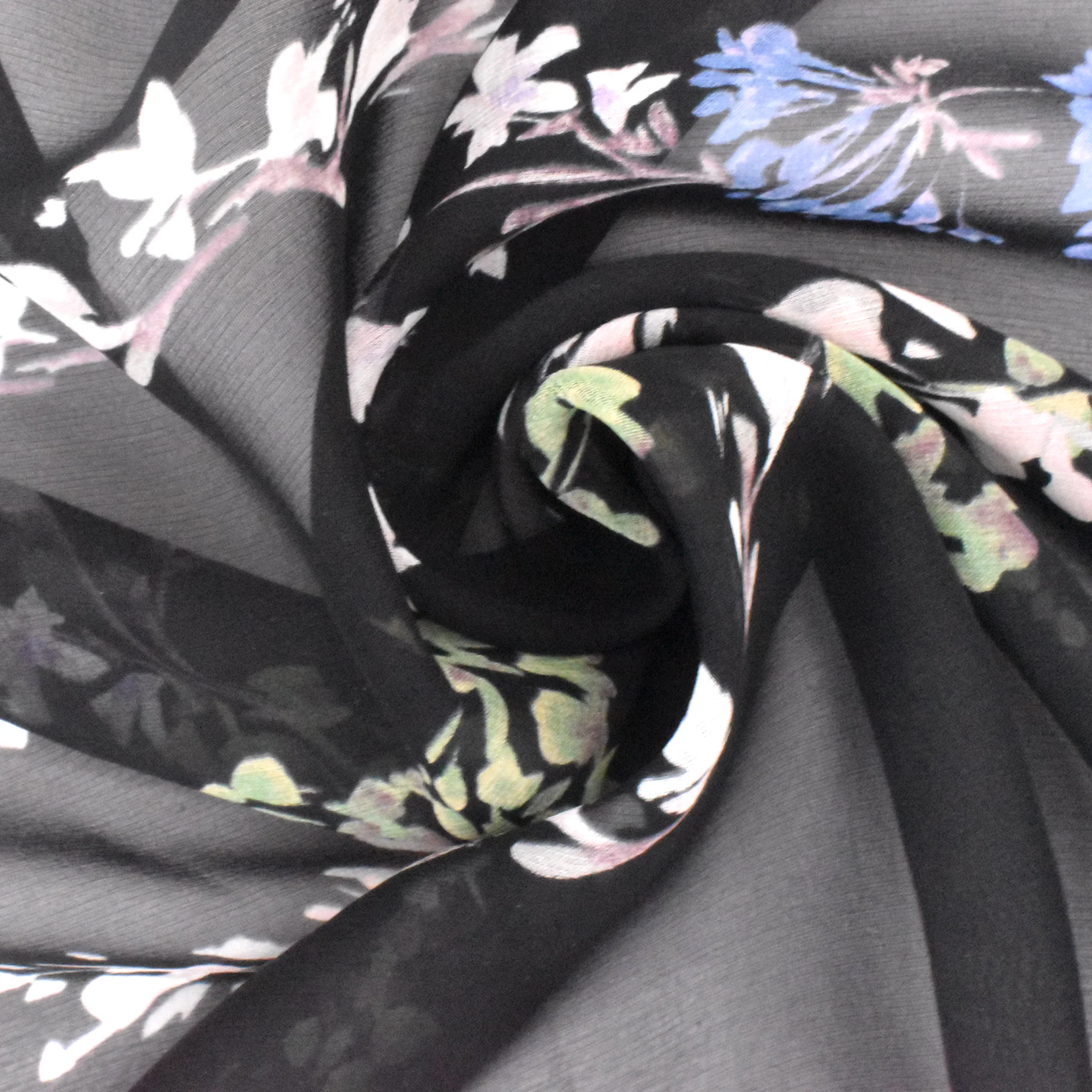 Green-Black-Multi Floral Border Panel Printed Silk Chiffon Fabric - Image 2