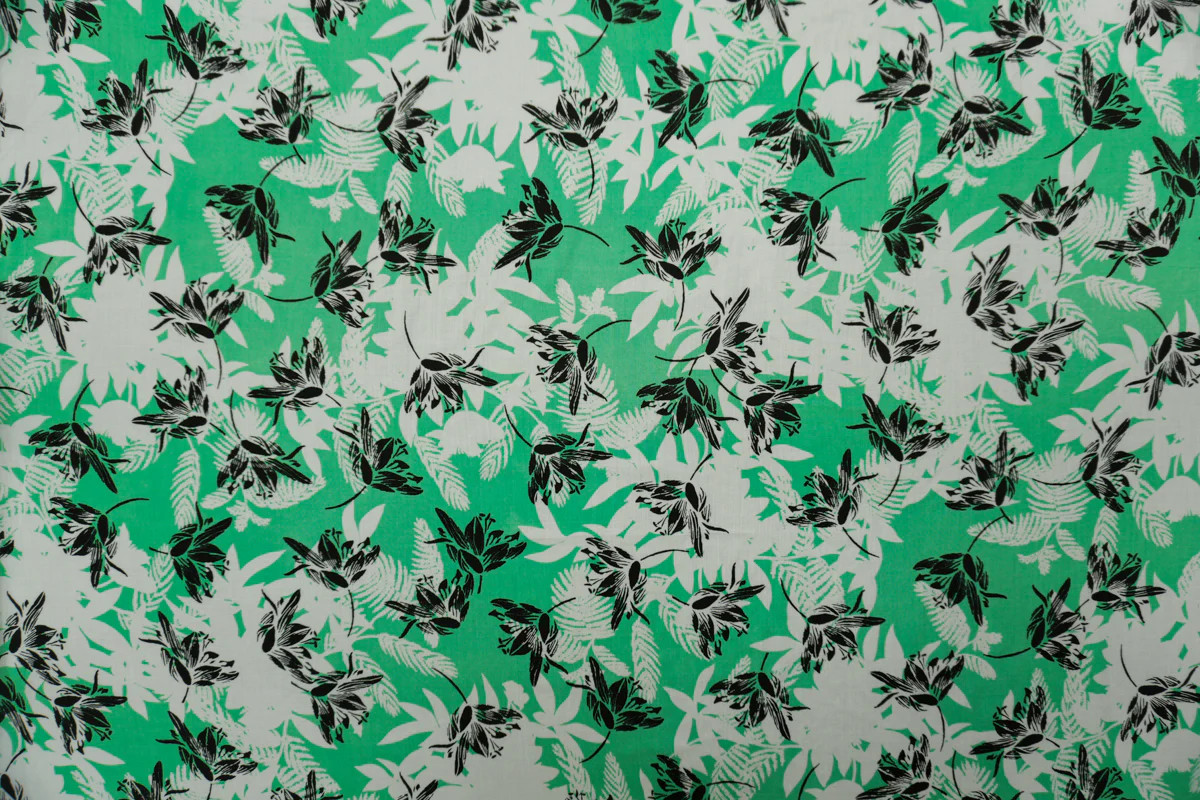 Green-Black-White Rayon Floral Printed Voile Woven Fabric - Image 3