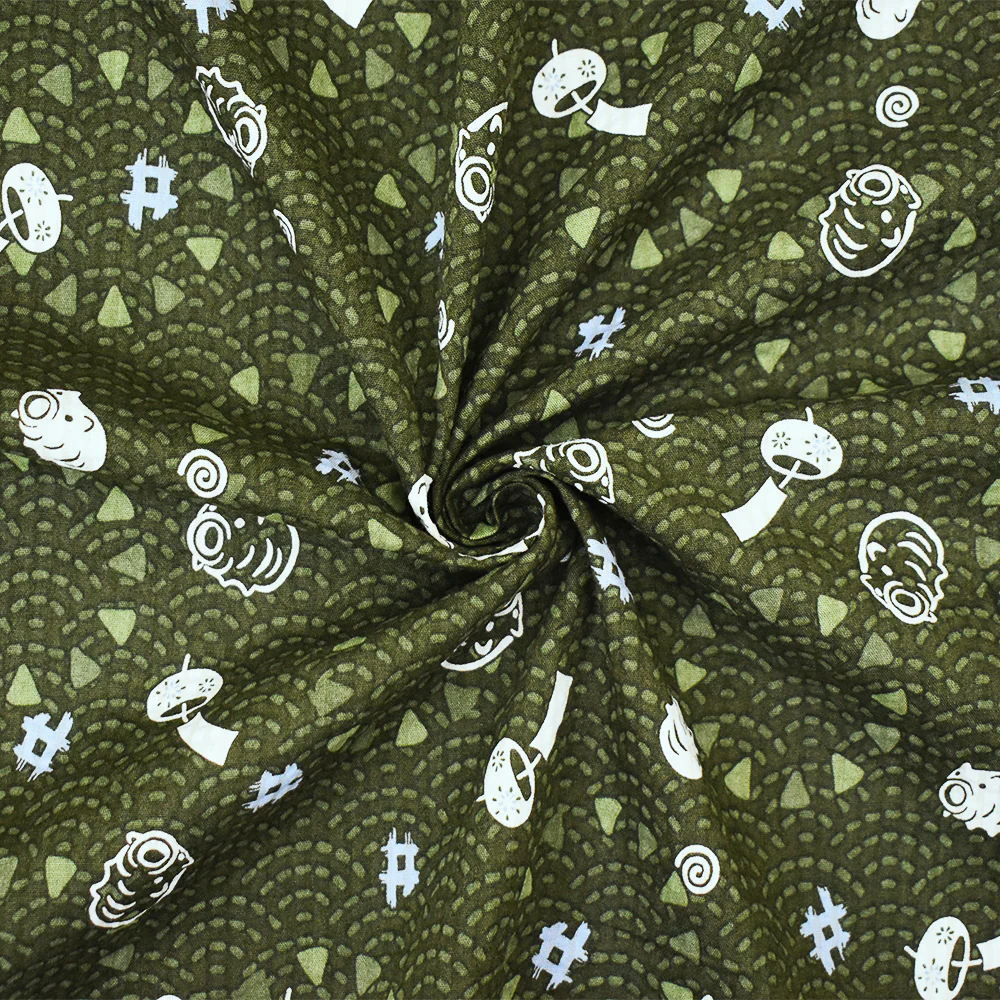 Green-Blue-Multi Abstract Pig Art Printed Crinkled Cotton Shirting Woven Fabric