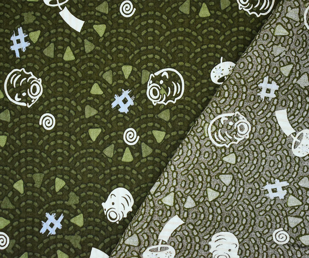 Green-Blue-Multi Abstract Pig Art Printed Crinkled Cotton Shirting Woven Fabric - Image 3