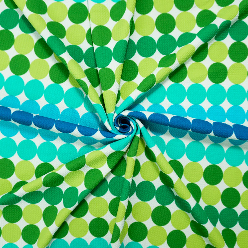 Green-Blue-White Poly Dot Print Liverpool Double Knit Fabric