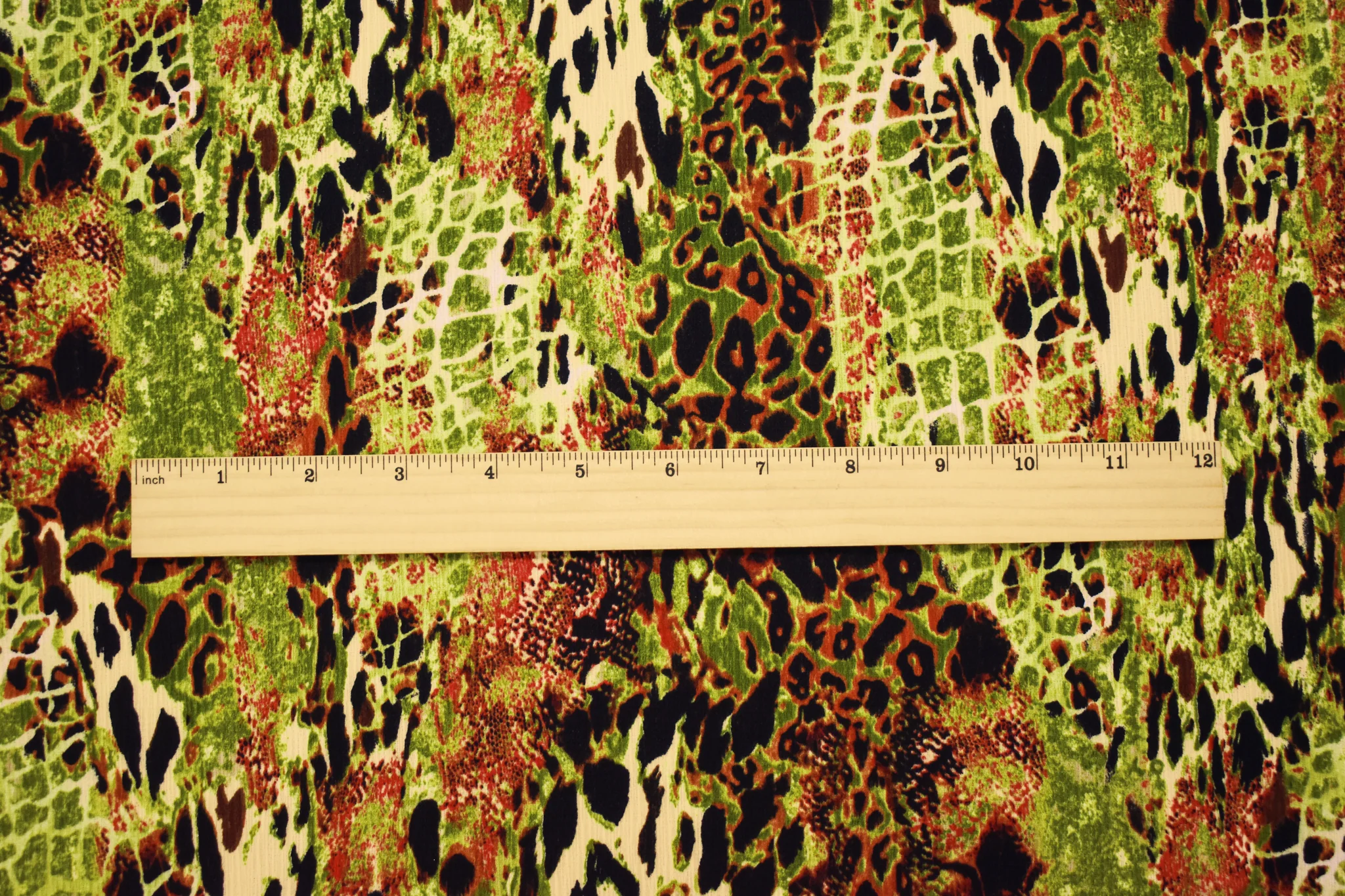 Green-Brown-Multi Poly Abstract Animal Printed Textured Crepe Woven Fabric - Image 2