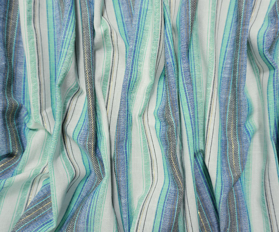 Green-Gold Poly Rayon Cotton Famous Maker Stripe Woven Fabric - Image 2