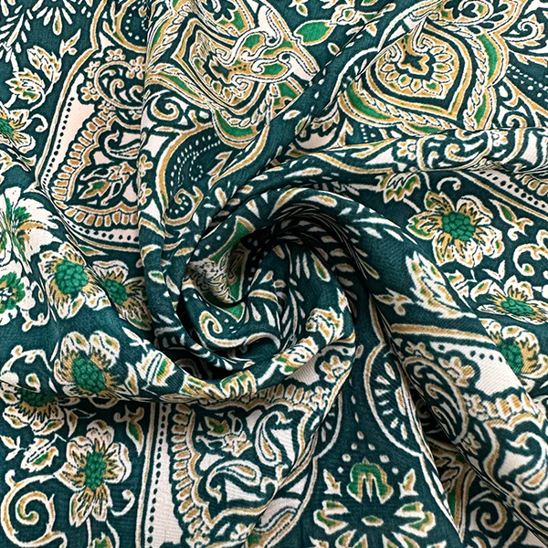Green Multi Paisley Print Poly Crepe de Chine Fabric