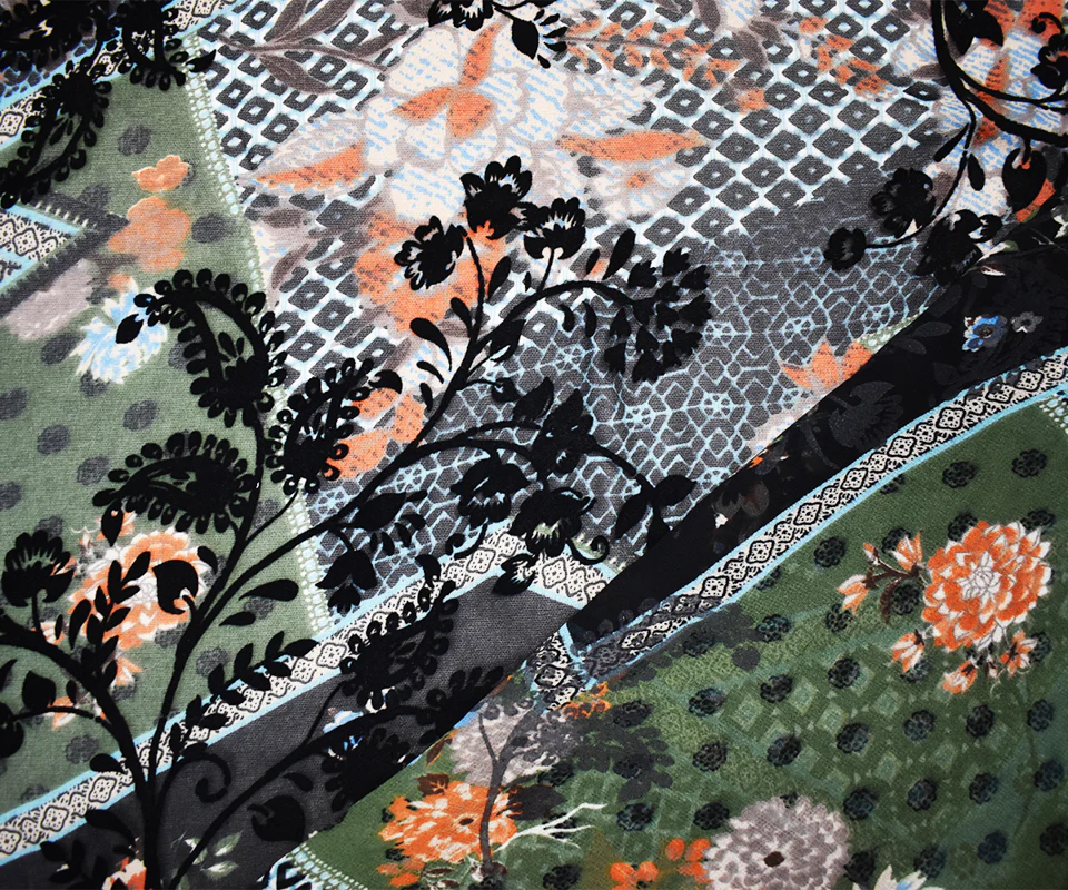 Green-Multi Poly Patch Floral Velvet Flocked Chiffon Woven Fabric - Image 2