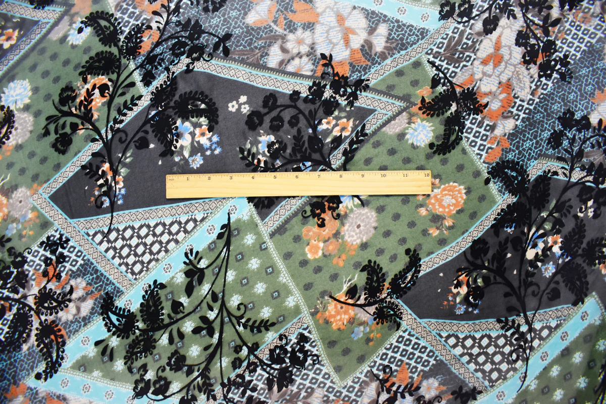 Green-Multi Poly Patch Floral Velvet Flocked Chiffon Woven Fabric - Image 4