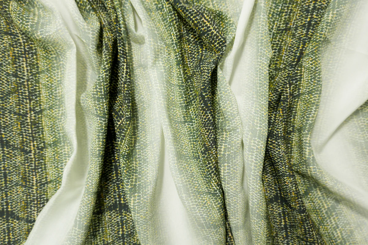 Green Silk Abstract Ombre Printed Crepe De Chine Woven Fabric - Image 3