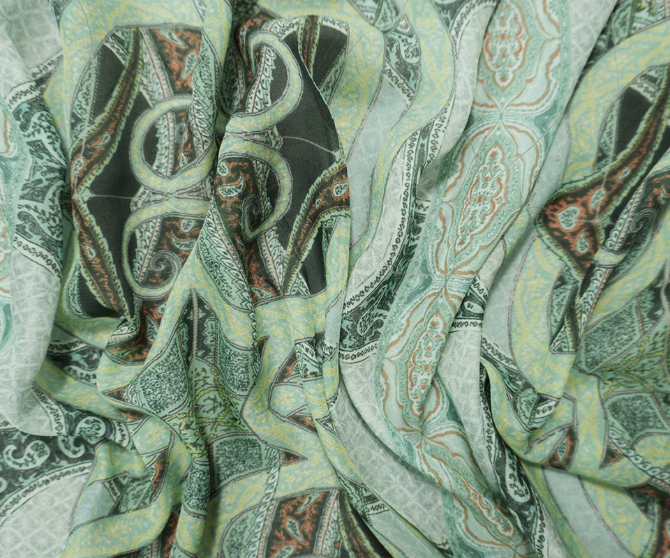 Green Silk Paisley Printed Chiffon Woven Fabric - Image 4