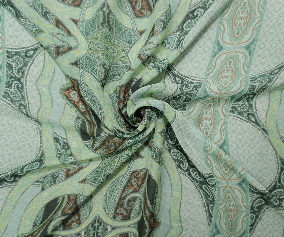 Green Silk Paisley Printed Chiffon Woven Fabric - Image 5