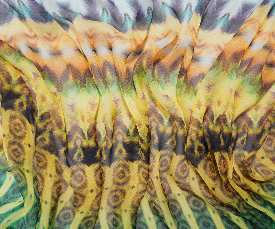 Green Silk Tribal Printed Chiffon Woven Fabric - Image 4