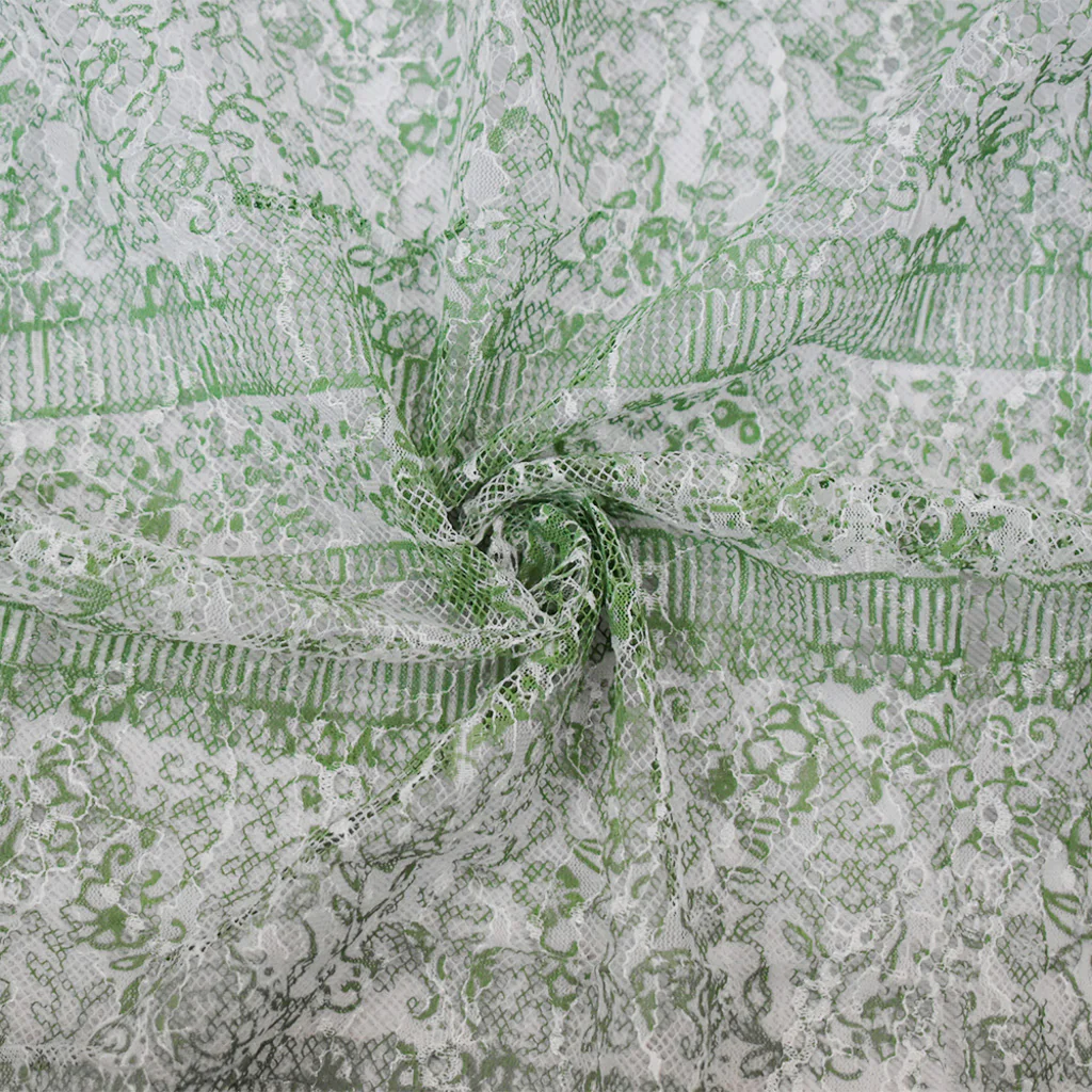 Green-White Nylon Floral Stripe Printed Lace Mesh Knit Fabric
