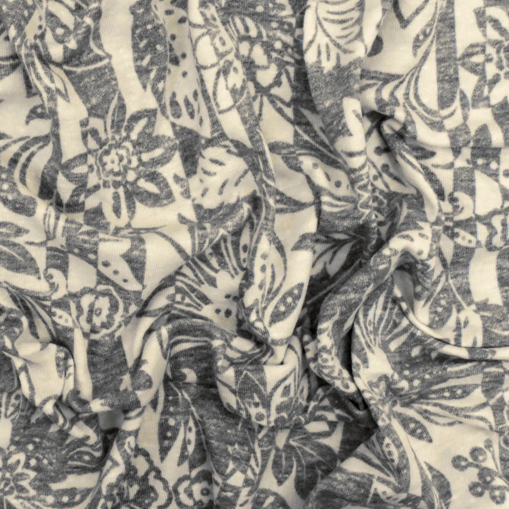 Heather Gray-Beige Floral Stripe Printed Stretch Jersey Knit Fabric - Image 3