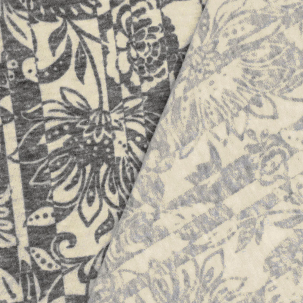 Heather Gray-Beige Floral Stripe Printed Stretch Jersey Knit Fabric - Image 4