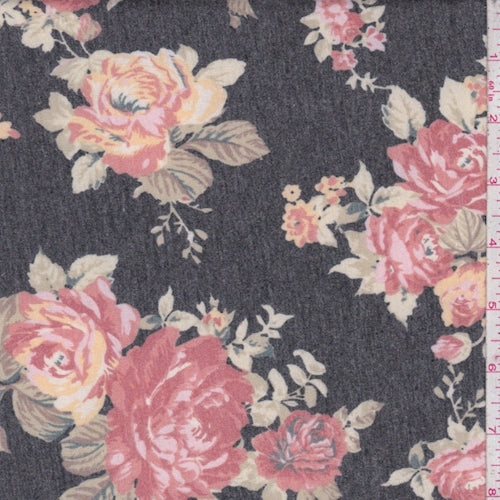Heather Slate/Brick Rose Cluster Brushed French Terry Knit Fabric