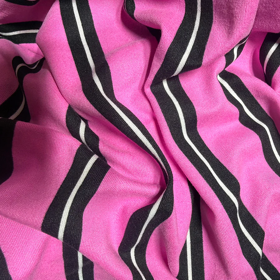 Hot Pink/Black Stripe Double Brushed Jersey Knit Fabric - Image 2